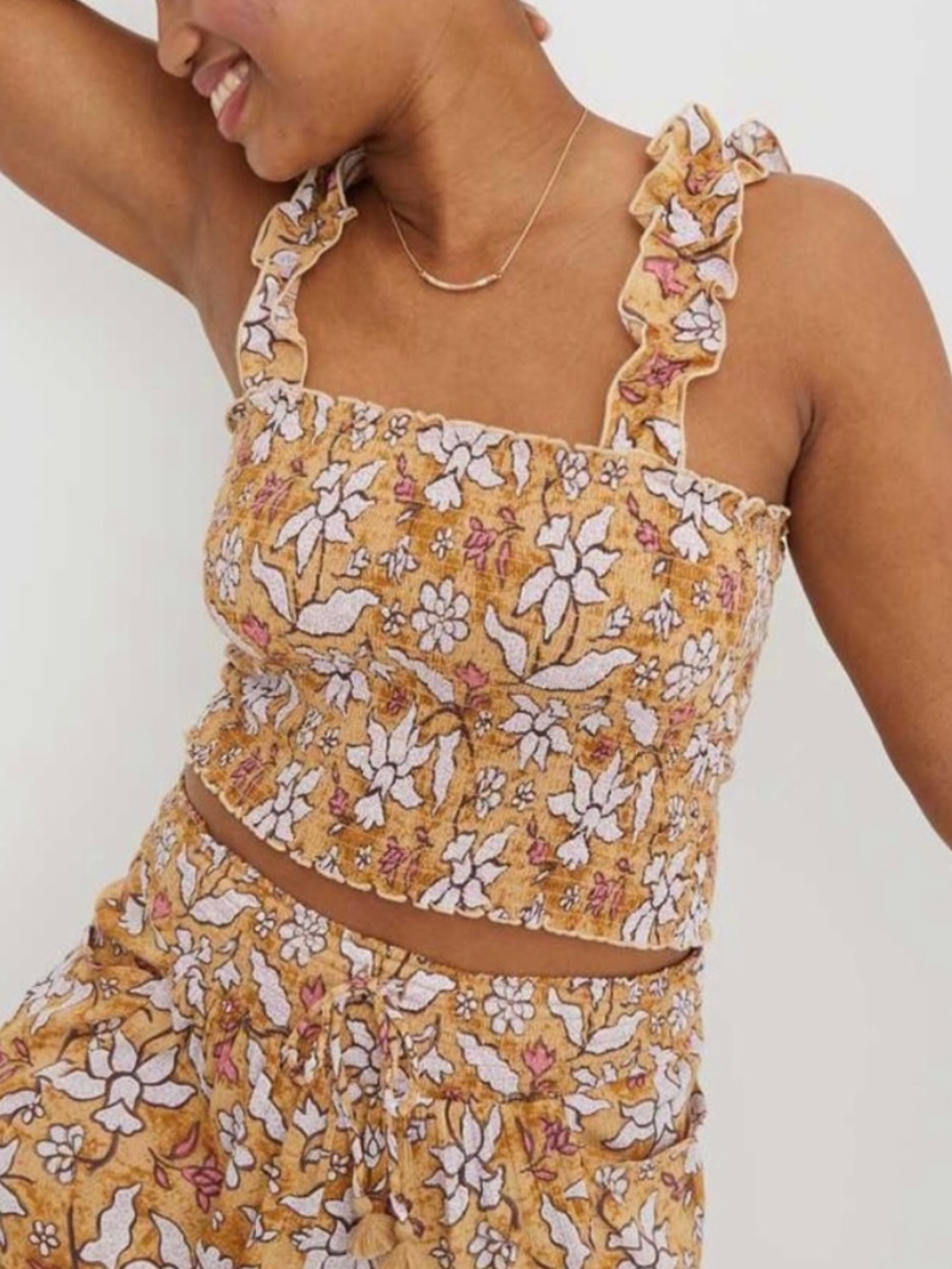 Aerie Floral Jungle Thrills Smocked Cropped Tank